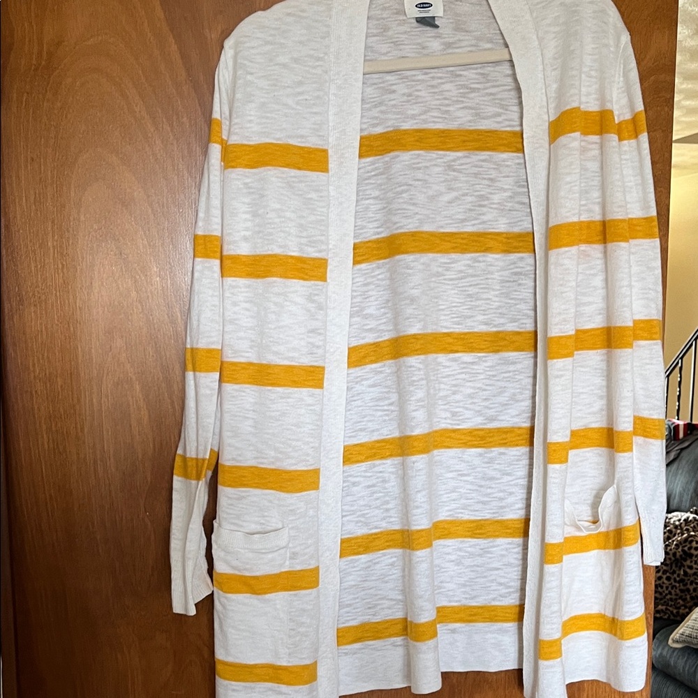 Open-Front White Cardigan with Mustard Stripes